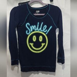 Justice Kids Size 14 Long Sleeve Tee - Navy with Neon Yellow Smile